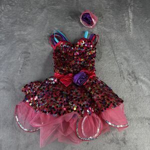 Weissman‎ Dance Costume Girls XS Pink Sequin Tutu Dress Rainbow Straps Headpiece